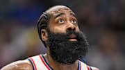 Nov 14, 2025; Dallas, Texas, USA; LA Clippers guard James Harden (1) looks on during an NBA Cup game between the Mavericks and the Clippers at the American Airlines Center. Mandatory Credit: Jerome Miron-Imagn Images
