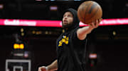 Jan 13, 2025; Toronto, Ontario, CAN; Golden State Warriors guard Stephen Curry (30) goes to shoot a basket during warm up before a game against the Toronto Raptors at Scotiabank Arena. Mandatory Credit: John E. Sokolowski-Imagn Images