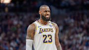 Los Angeles Lakers forward LeBron James talks against the Minnesota Timberwolves during the 2025 NBA Playoffs.