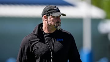 Detroit Lions head coach Dan Campbell watches practice during rookie mini camp at Meijer Performance Center in Allen Park on Friday, May 9, 2025.