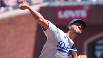 Jun 30, 2024; San Francisco, California, USA; Los Angeles Dodgers relief pitcher Michael Peterson (90) pitches the ball against the San Francisco Giants during the fifth inning at Oracle Park. Mandatory Credit: Kelley L Cox-Imagn Images