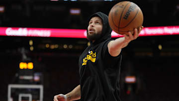 Jan 13, 2025; Toronto, Ontario, CAN; Golden State Warriors guard Stephen Curry (30) goes to shoot a basket during warm up before a game against the Toronto Raptors at Scotiabank Arena. Mandatory Credit: John E. Sokolowski-Imagn Images