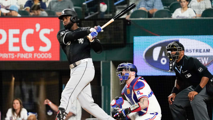 Chicago White Sox center fielder Luis Robert Jr. (88) singles during the fifth inning against the Texas Rangers at Globe Life Field on July 22.