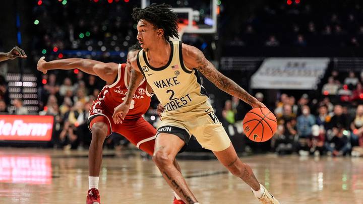 Dec 2, 2025; Winston-Salem, North Carolina, USA; Wake Forest Demon Deacons guard Juke Harris (2) goes to the basket against the Oklahoma Sooners during the first half at Lawrence Joel Veterans Memorial Coliseum. Mandatory Credit: Jim Dedmon-Imagn Images