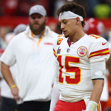 Feb 9, 2025; New Orleans, LA, USA; Kansas City Chiefs quarterback Patrick Mahomes (15) reacts in the fourth quarter against the Philadelphia Eagles in Super Bowl LIX at Ceasars Superdome. Mandatory Credit: Mark J. Rebilas-Imagn Images