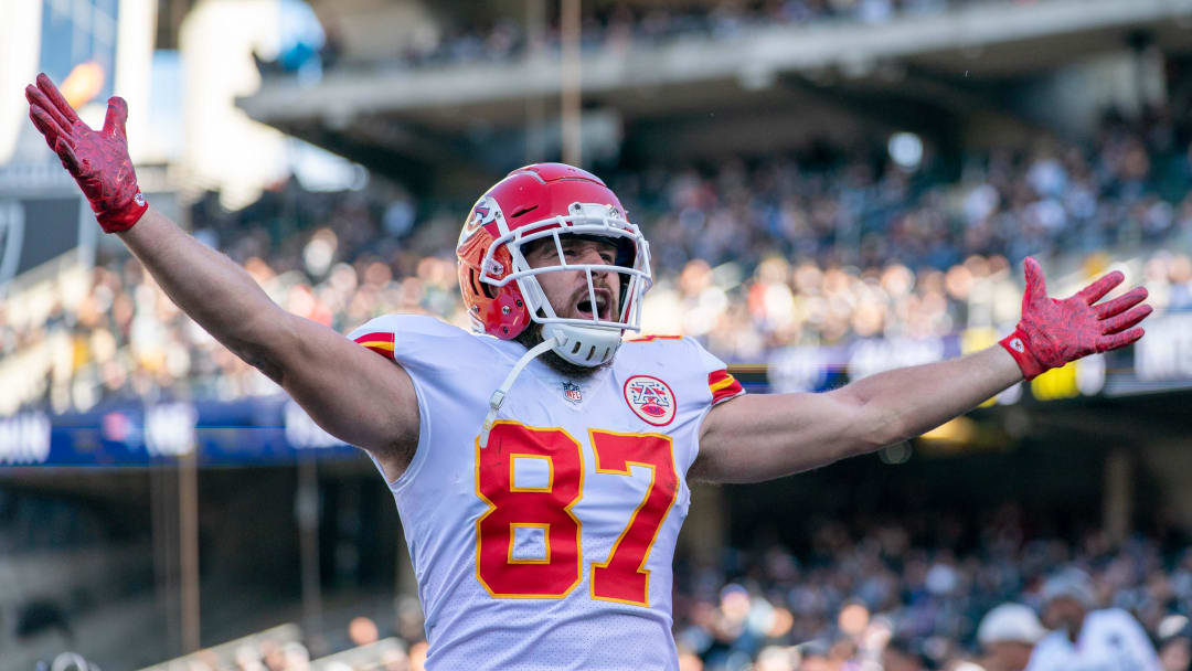 December 2, 2018; Oakland, CA, USA; Kansas City Chiefs tight end Travis Kelce (87) celebrates after scoring a touchdown during the first quarter against the Oakland Raiders at Oakland Coliseum. The Chiefs defeated the Raiders 40-33. Mandatory Credit: Kyle Terada-USA TODAY Sports