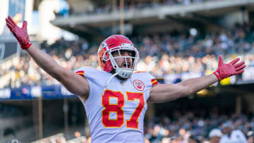 December 2, 2018; Oakland, CA, USA; Kansas City Chiefs tight end Travis Kelce (87) celebrates after scoring a touchdown during the first quarter against the Oakland Raiders at Oakland Coliseum. The Chiefs defeated the Raiders 40-33. Mandatory Credit: Kyle Terada-USA TODAY Sports