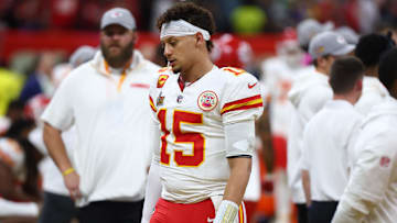 Feb 9, 2025; New Orleans, LA, USA; Kansas City Chiefs quarterback Patrick Mahomes (15) reacts in the fourth quarter against the Philadelphia Eagles in Super Bowl LIX at Ceasars Superdome. Mandatory Credit: Mark J. Rebilas-Imagn Images