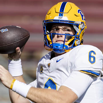 Nov 1, 2025; Stanford, California, USA; Pittsburgh Panthers quarterback Mason Heintschel (6) warms up before the game against the Stanford Cardinal at Stanford Stadium. Mandatory Credit: John Hefti-Imagn Images