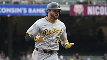 Jun 23, 2025; Milwaukee, Wisconsin, USA; Pittsburgh Pirates outfielder Tommy Pham (28) celebrates after hitting a home run against the Milwaukee Brewers in the fourth inning at American Family Field. Mandatory Credit: Michael McLoone-Imagn Images
