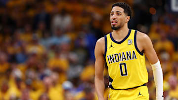 Indiana Pacers guard Tyrese Haliburton (0) during Game 6 of the 2025 NBA Finals against the Oklahoma City Thunder.