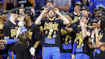 Jun 22, 2025; Oklahoma City, Oklahoma, USA; Oklahoma City Thunder forward Chet Holmgren (7) celebrates after winning game seven of the 2025 NBA Finals against the Indiana Pacers at Paycom Center. Mandatory Credit: Alonzo Adams-Imagn Images