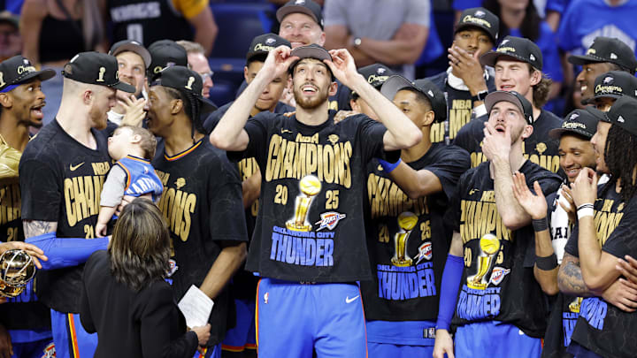 Jun 22, 2025; Oklahoma City, Oklahoma, USA; Oklahoma City Thunder forward Chet Holmgren (7) celebrates after winning game seven of the 2025 NBA Finals against the Indiana Pacers at Paycom Center. Mandatory Credit: Alonzo Adams-Imagn Images