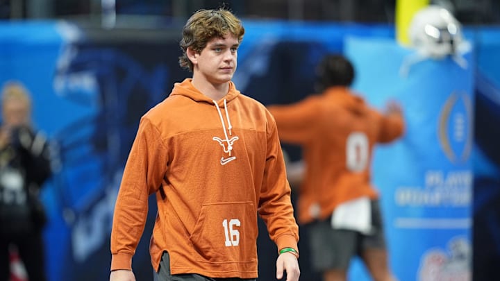 Jan 1, 2025; Atlanta, GA, USA; Texas Longhorns quarterback Arch Manning (16) warms up before the Peach Bowl at Mercedes-Benz Stadium. Mandatory Credit: Dale Zanine-Imagn Images