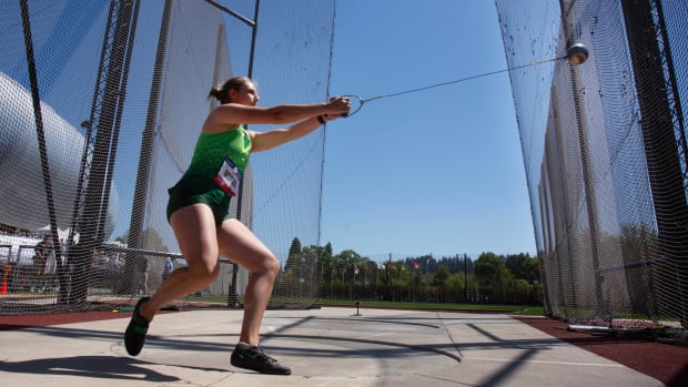 Oregon’s Shelby Moran competes in the Women’s Hammer Throw on the opening day of the USATF Olympic Trials at Hayward Field.