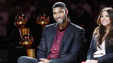 Dec 18, 2016; San Antonio, TX, USA; Former San Antonio Spurs power forward Tim Duncan smiles during a ceremony to retire his No. 21jersey after an NBA basketball game between the Spurs and the New Orleans Pelicans at AT&T Center. Mandatory Credit: Soobum Im-Imagn Images
