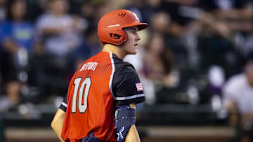 Aug 28, 2022; Phoenix, Arizona, US; West infielder Eric Bitonti (10) during the Perfect Game All-American Classic high school baseball game at Chase Field. Mandatory Credit: Mark J. Rebilas-Imagn Images