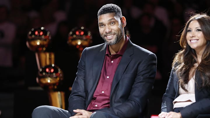 Dec 18, 2016; San Antonio, TX, USA; Former San Antonio Spurs power forward Tim Duncan smiles during a ceremony to retire his No. 21jersey after an NBA basketball game between the Spurs and the New Orleans Pelicans at AT&T Center. Mandatory Credit: Soobum Im-Imagn Images