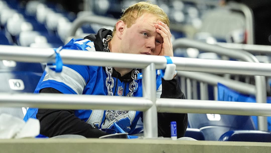 Detroit Lions fans react after the 45-31 loss to Washington Commanders at the NFC divisional round at Ford Field in Detroit on Saturday, Jan. 18, 2025.