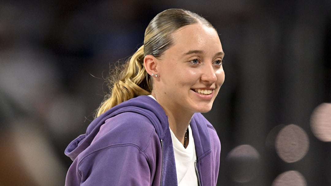 Oct 6, 2025; Fort Worth, Texas, USA; Dallas Wings guard Paige Bueckers looks on during the second quarter between the Dallas Mavericks and the Oklahoma City Thunder at Dickie's Arena. Mandatory Credit: Jerome Miron-Imagn Images