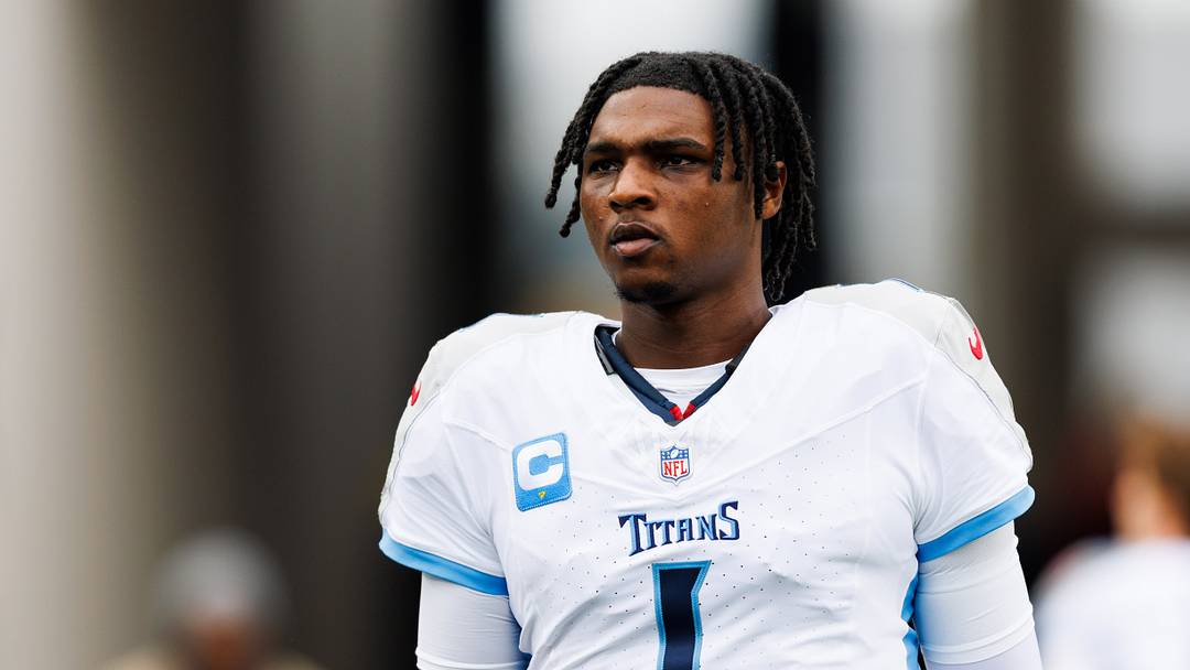 Jan 4, 2026; Jacksonville, Florida, USA; Tennessee Titans quarterback Cam Ward (1) before the game against the Jacksonville Jaguars at EverBank Stadium. Mandatory Credit: Morgan Tencza-Imagn Images