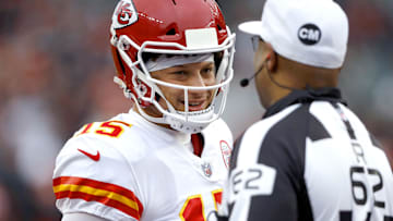 Jan 2, 2022; Cincinnati, Ohio, USA; Kansas City Chiefs quarterback Patrick Mahomes (15) talks to the officials Paul Brown Stadium. Mandatory Credit: Joseph Maiorana-Imagn Images