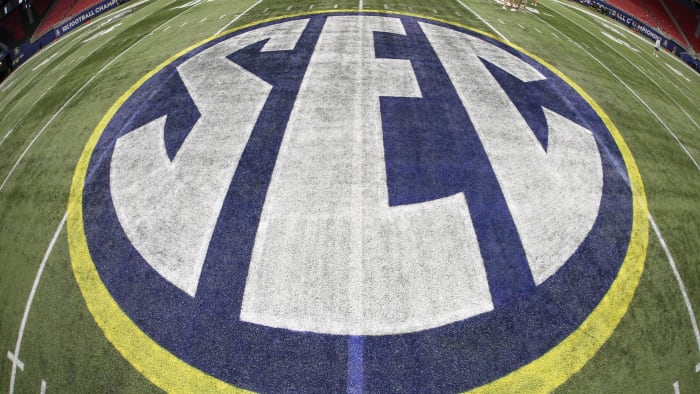 Dec 4, 2021; Atlanta, GA, USA; Detailed view of the SEC logo on the field before the SEC