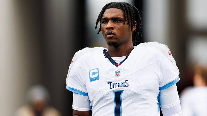 Jan 4, 2026; Jacksonville, Florida, USA; Tennessee Titans quarterback Cam Ward (1) before the game against the Jacksonville Jaguars at EverBank Stadium. Mandatory Credit: Morgan Tencza-Imagn Images