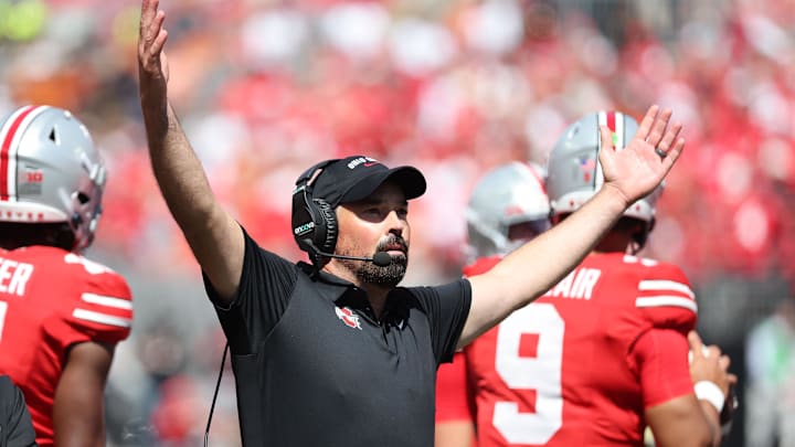 Aug 30, 2025; Columbus, Ohio, USA; Ohio State Buckeyes head coach Ryan Day reacts against the Texas Longhorns in the second half at Ohio Stadium. Mandatory Credit: Joseph Maiorana-Imagn Images