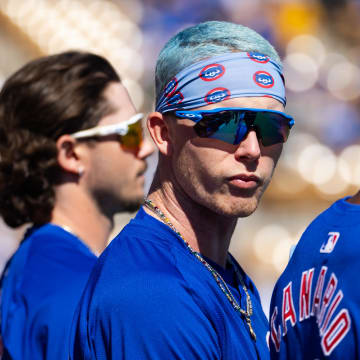 Mar 2, 2024; Phoenix, Arizona, USA; Chicago Cubs outfielder Pete Crow-Armstrong against the Los Angeles Dodgers during a spring training game at Camelback Ranch-Glendale. 