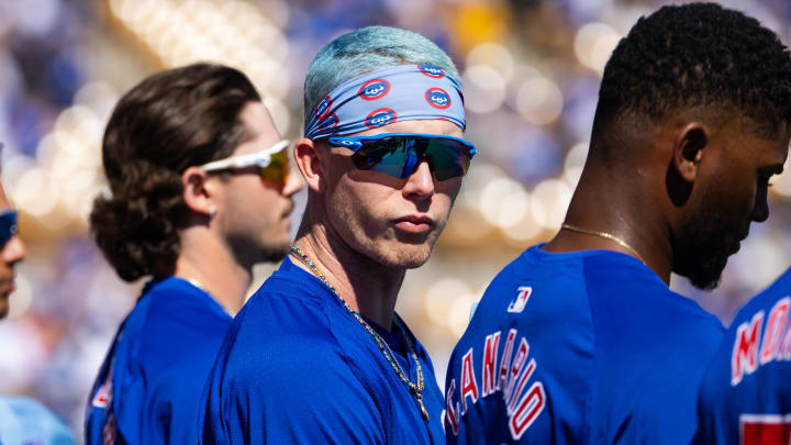 Mar 2, 2024; Phoenix, Arizona, USA; Chicago Cubs outfielder Pete Crow-Armstrong against the Los Angeles Dodgers during a spring training game at Camelback Ranch-Glendale. 