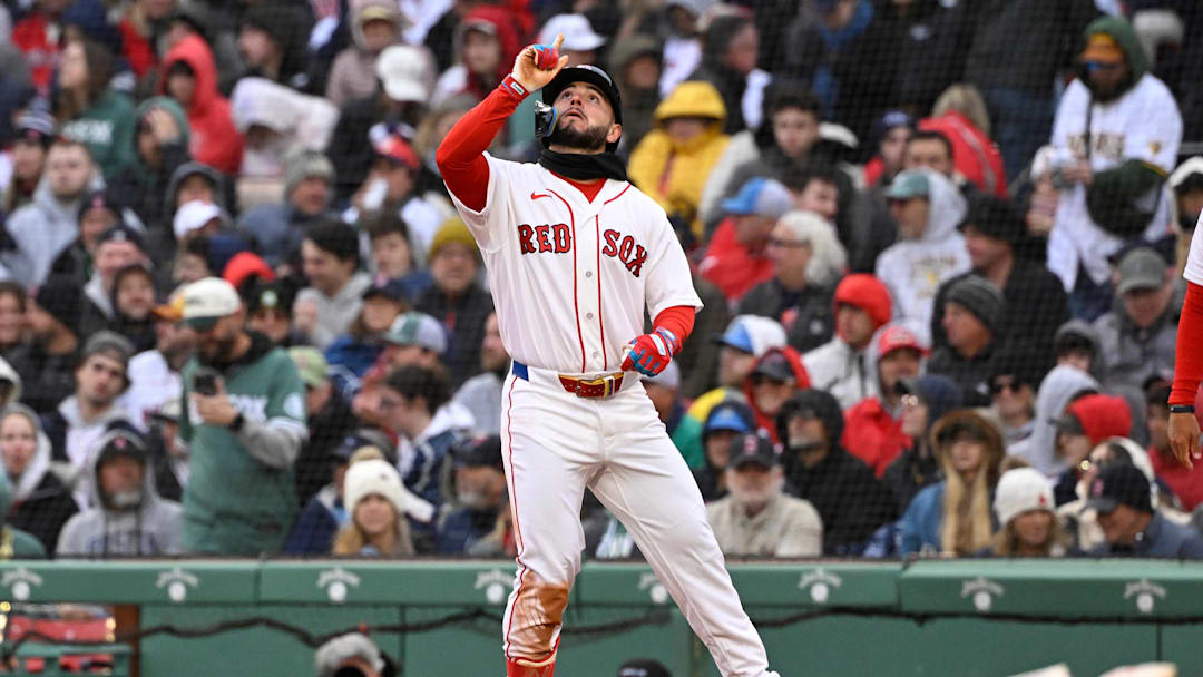 Apr 4, 2026; Foxborough, Massachusetts, USA; Boston Red Sox right fielder Wilyer Abreu (52) reacts after hitting a single  during the fourth inning against the San Diego Padres at Fenway Park. Mandatory Credit: Eric Canha-Imagn Images
