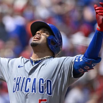 Jul 14, 2024; St. Louis, Missouri, USA;  Chicago Cubs designated hitter Christopher Morel reacts after hitting a home run.