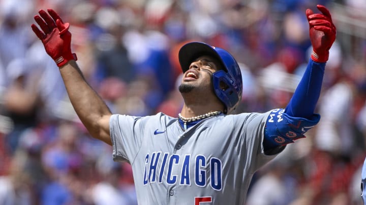 Jul 14, 2024; St. Louis, Missouri, USA;  Chicago Cubs designated hitter Christopher Morel reacts after hitting a home run.