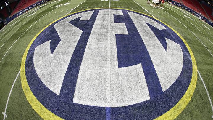 Dec 4, 2021; Atlanta, GA, USA; Detailed view of the SEC logo on the field before the SEC championship game between the Georgia Bulldogs and Alabama Crimson Tide at Mercedes-Benz Stadium. Mandatory Credit: Brett Davis-USA TODAY Sports