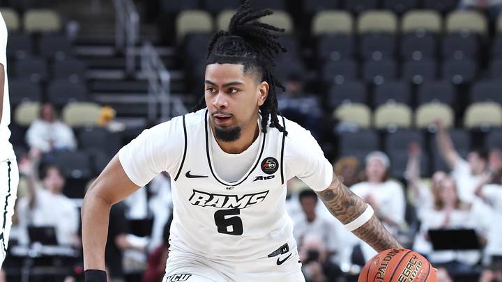 Mar 15, 2026; Pittsburgh, PA, USA;  VCU Rams guard Terrence Hill Jr. (6) brings the ball up court against the Dayton Flyers during the first half in the Atlantic 10 Conference Tournament Championship game at PPG Paints Arena. Mandatory Credit: Charles LeClaire-Imagn Images