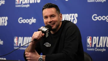 Apr 22, 2025; Los Angeles, California, USA; Los Angeles Lakers head coach JJ Redick speaks to media before a game two of first round for the 2024 NBA Playoffs against the Minnesota Timberwolves at Crypto.com Arena. Mandatory Credit: Kiyoshi Mio-Imagn Images