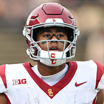 Sep 13, 2025; West Lafayette, Indiana, USA; Southern California Trojans wide receiver Ja'Kobi Lane (8)  warms up on the field before the game against the Purdue Boilermakers at Ross-Ade Stadium. Mandatory Credit: Marc Lebryk-Imagn Images