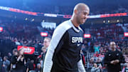 Apr 6, 2025; Portland, Oregon, USA; San Antonio Spurs point guard Chris Paul (3) is introduced before the game against the Portland Trail Blazers at Moda Center.