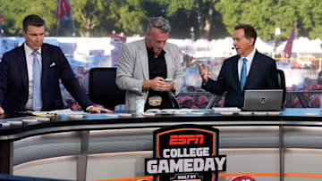 Oct. 4, 2025; Tuscaloosa, Alabama, USA; Rece Davis, Pat McAfee and Nick Saban interact on the set of ESPN’s College GameDay on location on the Quad at the University of Alabama before the Alabama versus Vanderbilt game.
