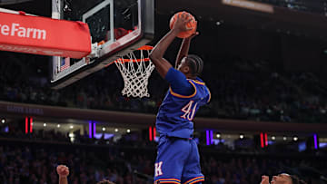 Nov 18, 2025; New York, New York, USA; Kansas Jayhawks forward Flory Bidunga (40) goes up for a dunk  during the first half against the Duke Blue Devils at Madison Square Garden. Mandatory Credit: Vincent Carchietta-Imagn Images