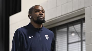 Jul 10, 2024; Las Vegas, Nevada, USA; USA forward Kevin Durant (7) arrives for a game against Canada for the USA Basketball Showcase at T-Mobile Arena. Mandatory Credit: Candice Ward-USA TODAY Sports