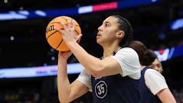 Apr 5, 2025; Tampa, FL, USA; UConn Huskies guard Azzi Fudd (35) practices before the NCAA Woman’s Final at Amalie Arena. Mandatory Credit: Nathan Ray Seebeck-Imagn Images