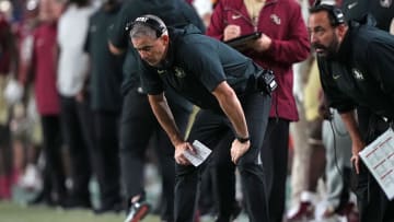 Dec 30, 2023; Miami Gardens, FL, USA; Florida State Seminoles head coach Mike Norvell reacts against the Georgia Bulldogs during the second half in the 2023 Orange Bowl at Hard Rock Stadium. Mandatory Credit: Jasen Vinlove-USA TODAY Sports