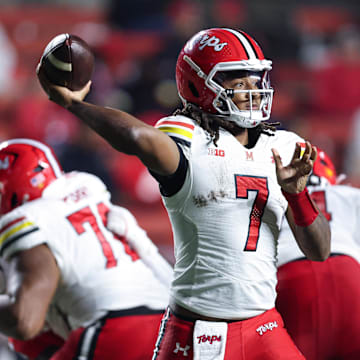 Nov 8, 2025; Piscataway, New Jersey, USA; Maryland Terrapins quarterback Malik Washington (7) throws the ball during the second half against the Rutgers Scarlet Knights at SHI Stadium. Mandatory Credit: Vincent Carchietta-Imagn Images