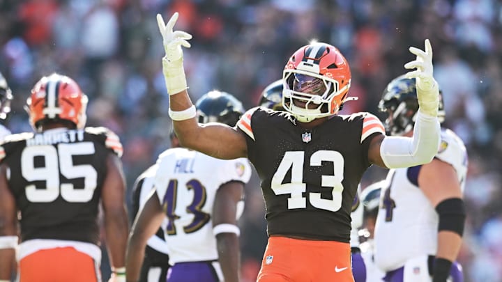 Oct 27, 2024; Cleveland, Ohio, USA; Cleveland Browns linebacker Mohamoud Diabate (43) celebrates after a sack during the second half against the Baltimore Ravens at Huntington Bank Field. Mandatory Credit: Ken Blaze-Imagn Images