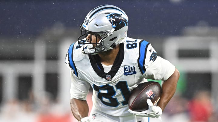 Aug 8, 2024; Foxborough, Massachusetts, USA; Carolina Panthers tight end Jordan Matthews (81) rushes against the New England Patriots during the first half at Gillette Stadium.