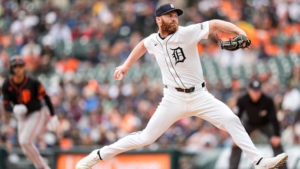 Detroit Tigers pitcher John Brebbia throws against San Francisco Giants during the seventh inning at Comerica Park in Detroit