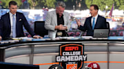 Oct. 4, 2025; Tuscaloosa, Alabama, USA; Rece Davis, Pat McAfee and Nick Saban interact on the set of ESPN’s College GameDay on location on the Quad at the University of Alabama before the Alabama versus Vanderbilt game.