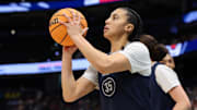Apr 5, 2025; Tampa, FL, USA; UConn Huskies guard Azzi Fudd (35) practices before the NCAA Woman’s Final at Amalie Arena. Mandatory Credit: Nathan Ray Seebeck-Imagn Images